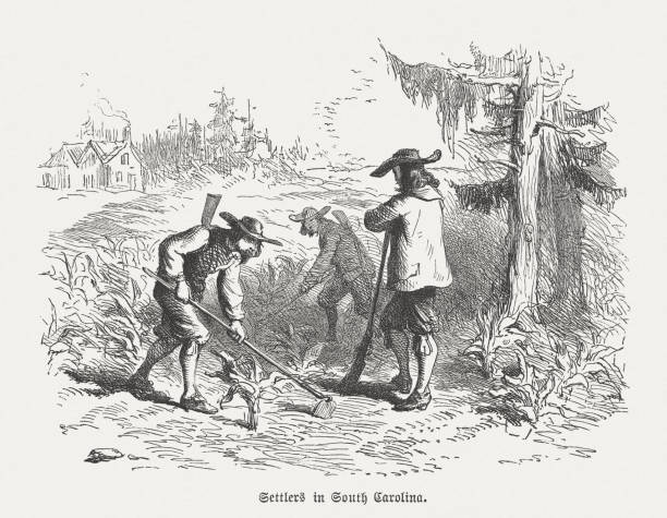 osadnicy w karolinie południowej w 1670, grawerowanie drewna, opublikowane w 1876 - kolonializm stock illustrations