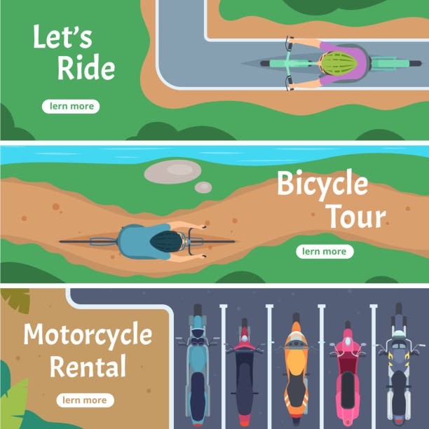 ilustrações de stock, clip art, desenhos animados e ícones de banner city bicycle. trails people driving bike top view road traffic vector design template - road top view