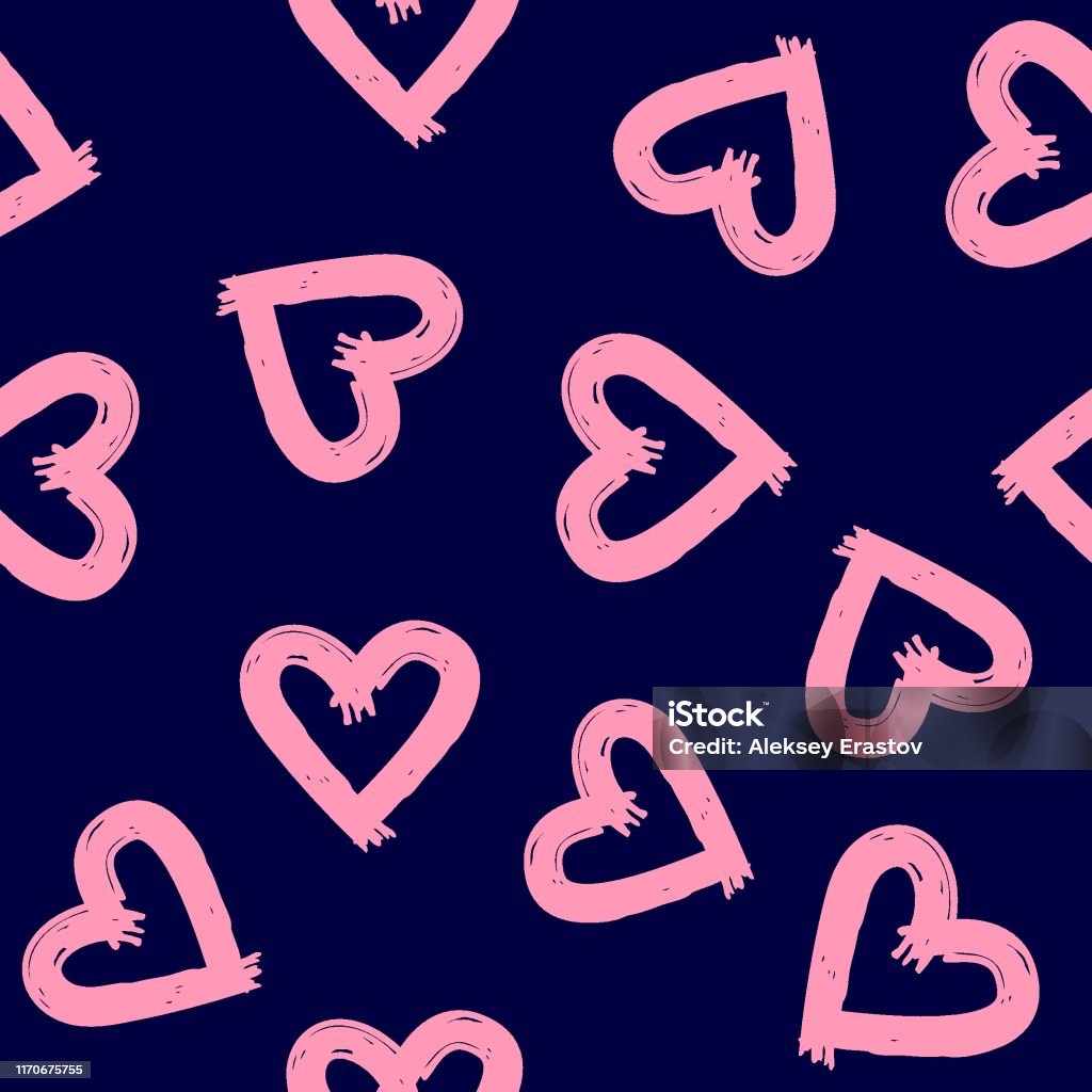 Blup Vector Romantic Seamless Pattern With Hearts Drawn By Rough Brush Sketch ...