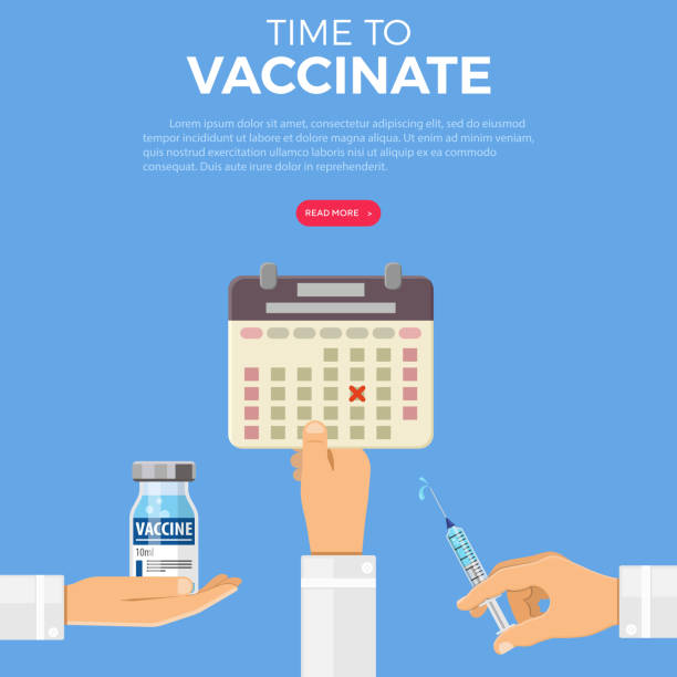 Time to Vaccinate Concept Time to Vaccinate Concept. icon plastic medical syringe with vial vaccine, calendar in doctor hand. flat style icon. concept vaccination, injection, flu shot. isolated vector illustration flu shot calendar stock illustrations