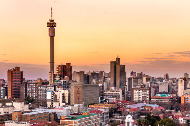 Johannesburg sunrise with telkom tower cityscape stock photo