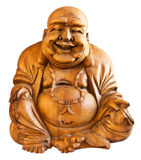 geschnitzte holz lachen buddha statuette - buddha laughing guru smiling stock-fotos und bilder