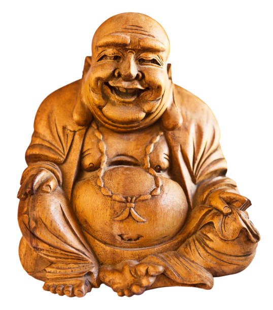 estatuilla de buda riendo de madera tallada - buddha laughing guru smiling fotografías e imágenes de stock