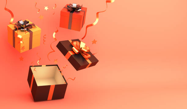 istock Gift box, confetti on orange pastel background. Design creative concept of halloween celebration holiday. 1170681486