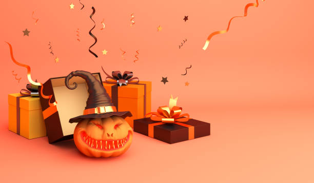 istock Gift box, confetti, smiling pumpkin head jack o lantern with hat on orange pastel background. Design creative concept of halloween celebration day. 1170681593