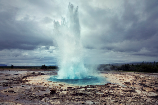 Strokkur is a fountain geyser located in a geothermal area beside the Hvítá River in Iceland in the southwest part of the country, east of Reykjavík.