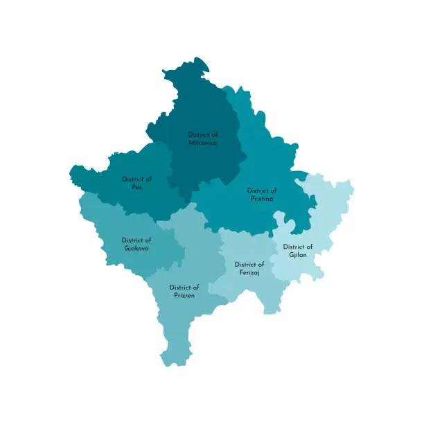 Vector illustration of Vector isolated illustration of simplified administrative map of Kosovo. Borders and names of the districts. Colorful blue khaki silhouettes