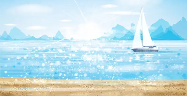 Vector illustration of Vector blue sea scape with yacht in sunshine.