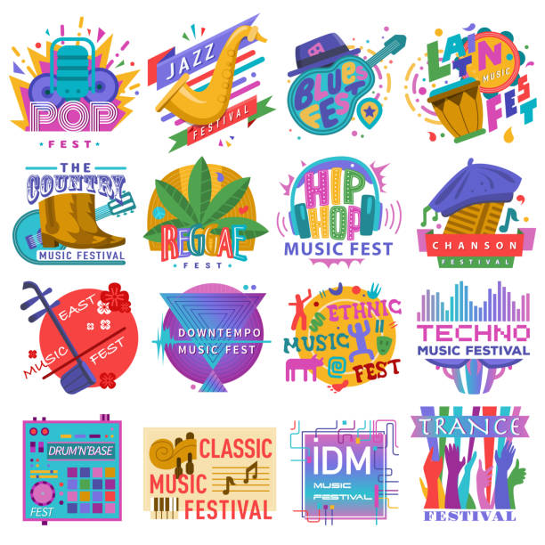 ilustraciones, imágenes clip art, dibujos animados e iconos de stock de invitación emblema de festivales de música - drum & bass