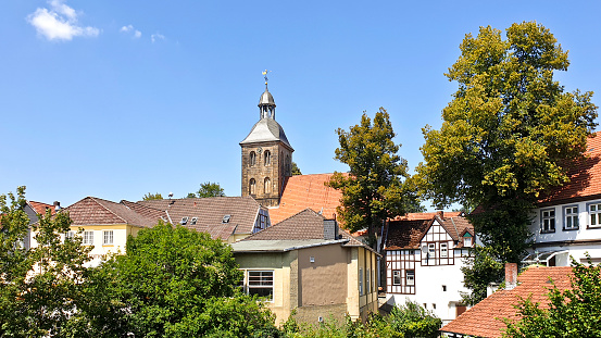 Tecklenburg, Germany - 27 July, 2019: A townscape of the medieval town of Tecklenburg in North Rhine-Westphalia on a sunny day.