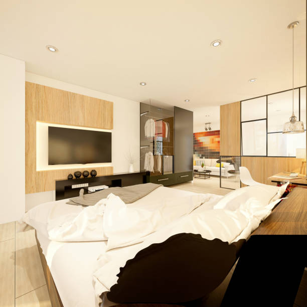 istock 3d render of modern hotel room 1170688846