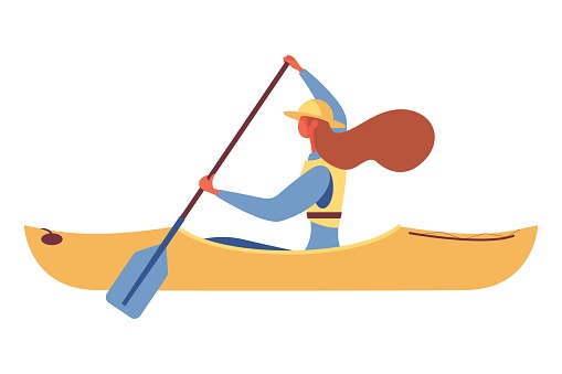 Isolated on white woman canoening with single-bladed paddle flat character illustration for outdoor leisure activity