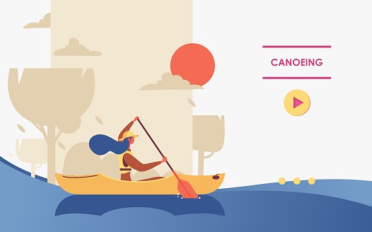 Vector concept banner for canoeing or kayaking with woman in hat sailing with single-bladed paddle and canoe outdoors.