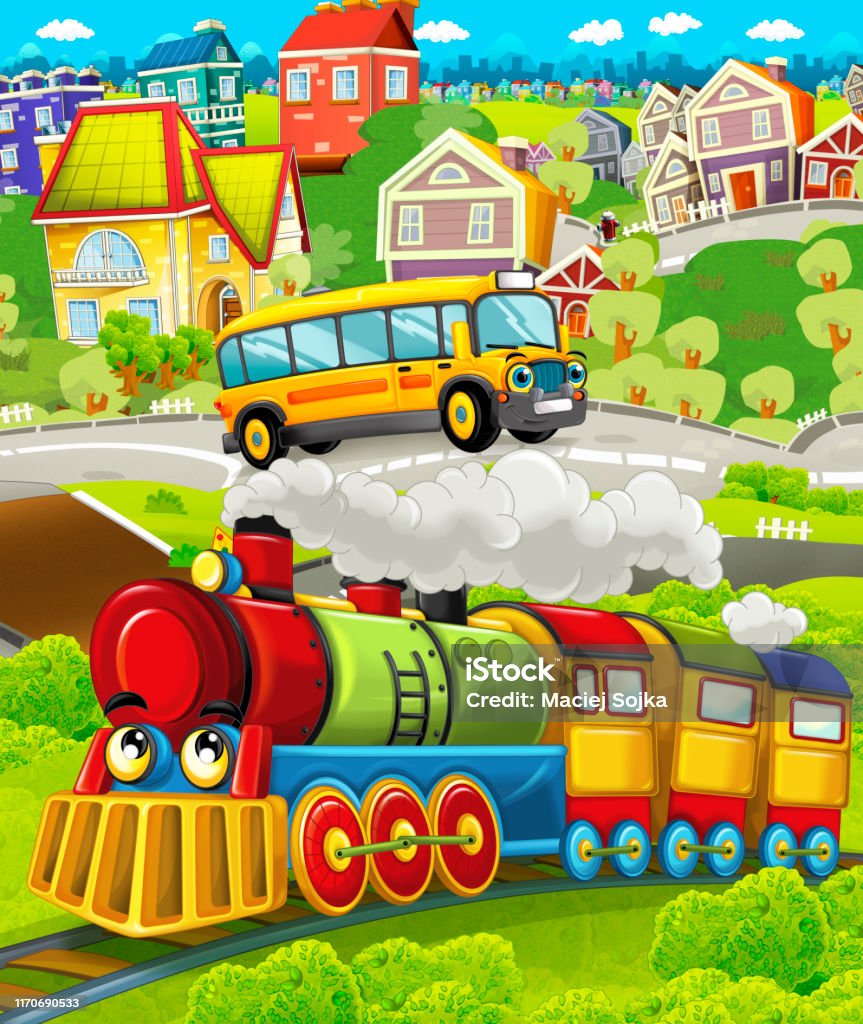 Cartoon Funny Looking Steam Train Going Through The City And School Bus Car  Driving By Stock Illustration - Download Image Now - iStock