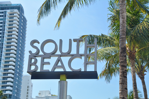 South Beach sign in Miami Beach, Florida, USA.