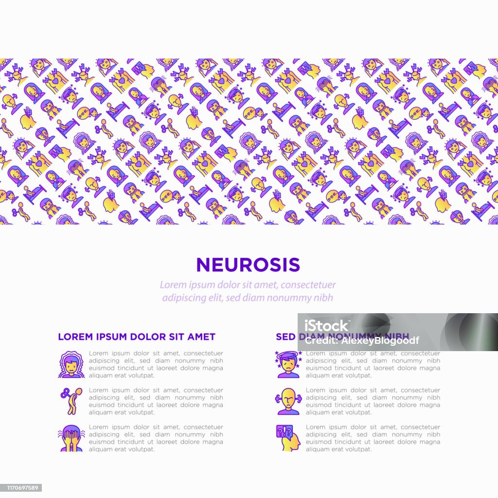 Neurosis concept with thin line icon: panic attack, headache, fatigue, insomnia, despair, phobia, mood instability, stuttering, psychalgia, dizziness. Vector illustration, print media template. - Royalty-free Ansiedade arte vetorial