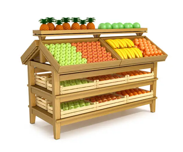 Trade counter with a variety of fruits, apples, oranges, bananas, pineapples, pomelo. 3d illustration