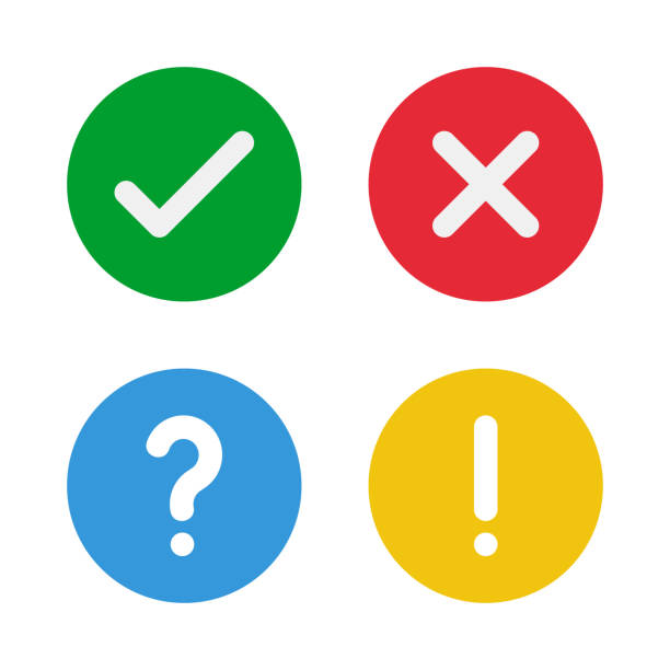 녹색 확인, 적십자, 파란색 물음표, 노란색 느낌표, 둥근 벡터 아이콘 - exclamation point question mark right solution stock illustrations