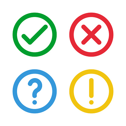 green check, red cross, blue question mark, yellow exclamation point, round thin line vector signs