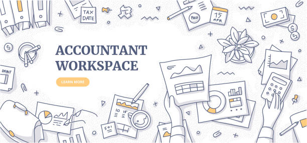 Accountant Workspace Doodle Concept Accountant workplace doodle concept. Top view on financial paperwork & reports, stationery of financial specialist. Clerk office workspace flat lay. Space for text budget drawings stock illustrations