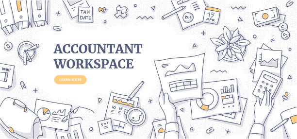 Accountant Workspace Doodle Concept Accountant workplace doodle concept. Top view on financial paperwork & reports, stationery of financial specialist. Clerk office workspace flat lay. Space for text accounting drawings stock illustrations