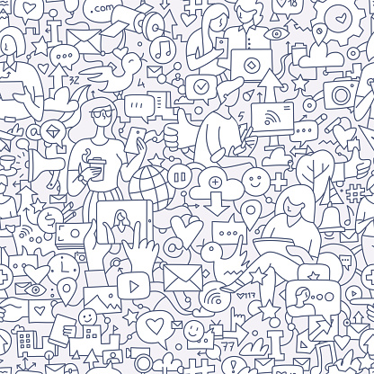 Social media seamless doodle pattern. People using internet and mobile devices to communicate. Modern communication technology background
