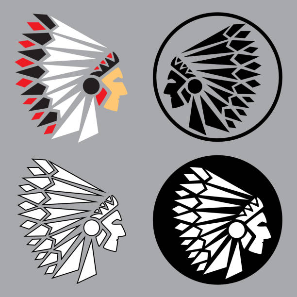 ネイティブ アメリカン アイコンのプロファイル。ベクトルイラスト - feather headdress点のイラスト素材／クリップアート素材／マンガ素材／アイコン素材
