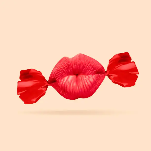 An alternative view of usual things. Sweet taste of kisses sent by red female lips. Negative space to insert your text. Modern design. Contemporary and colorful art collage. Concept of relations.