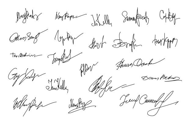 Autographs Set. Collection of Business Contract Signatures Autographs Set. Personal signature. Signature set. Scribbles of signatures as elements of documents. Set of imaginary signature. Set of autographs. Collection of Business Contract Signatures signature collection stock illustrations