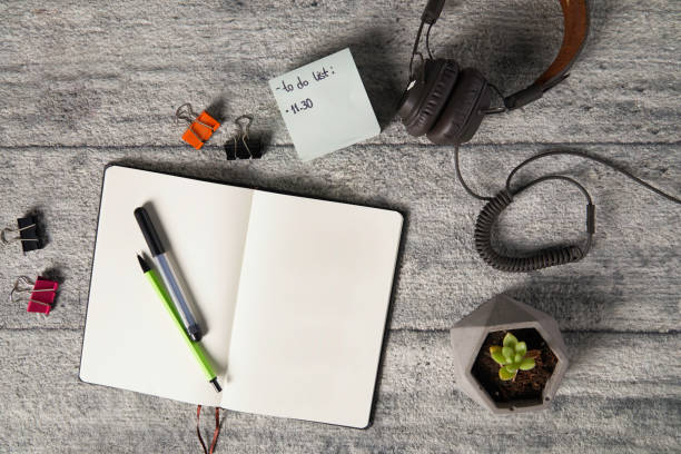 istock Overhead view of desk with various items 1170706760