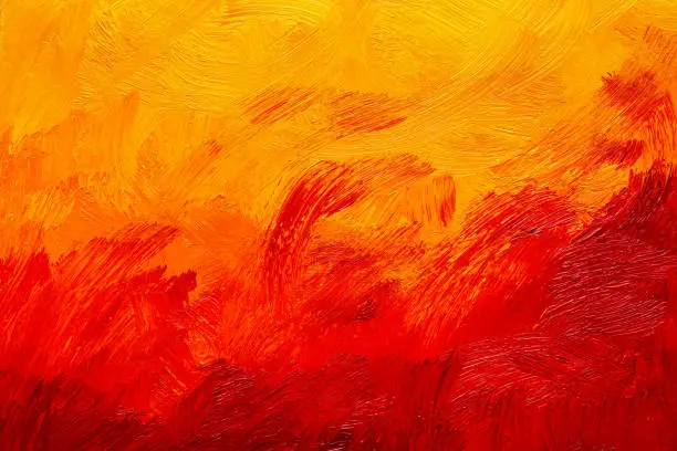 Abstract red, orange and yellow brush strokes, real oil painting on canvas by hand full frame
