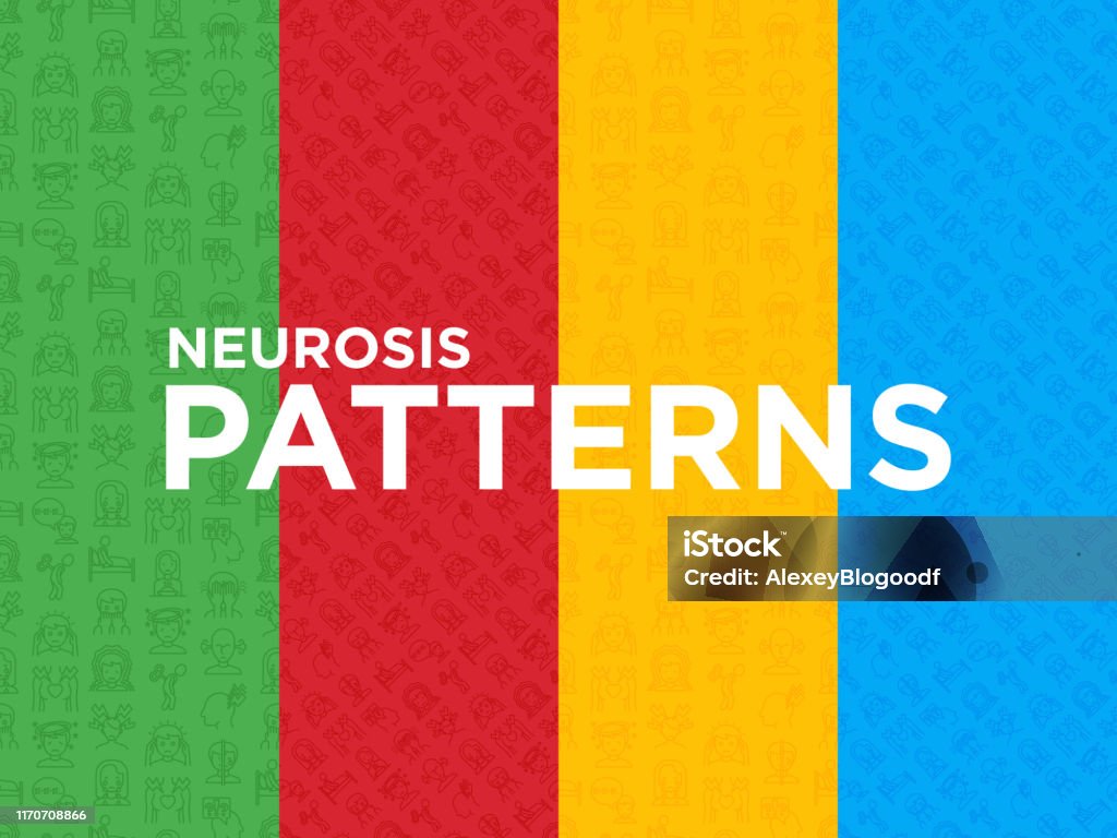 Four different Neurosis seamless pattern with thin line icon: panic attack, headache, fatigue, insomnia, despair, phobia, mood instability, stuttering, psychalgia. Vector illustration. - Royalty-free Saúde Mental arte vetorial