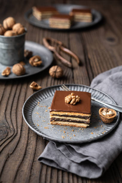 istock Gerbeaud bars filled with plum marmalade and crushed walnuts, topped with chocolate frosting 1170710249