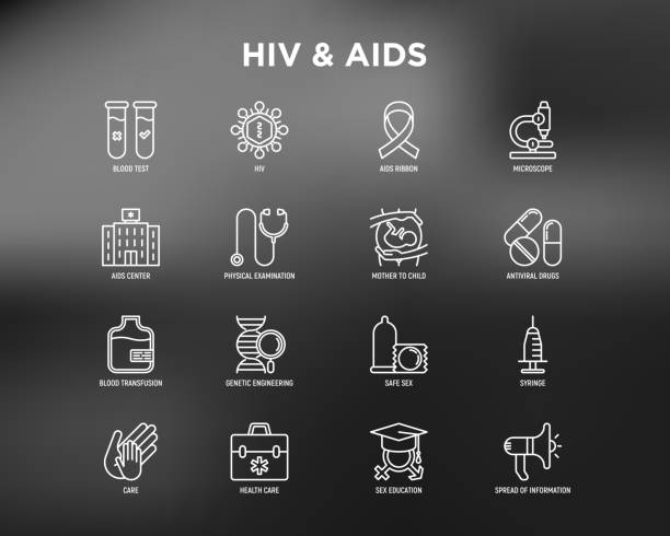 hiv i aids cienkie ikony linii zestaw: bezpieczny seks, transfuzja krwi, strzykawka, leki przeciwwirusowe, badanie fizykalne, aids wstążki, badanie krwi, mikroskop, inżynieria genetyczna. nowoczesna ilustracja wektorowa. - hiv aids condom sex stock illustrations