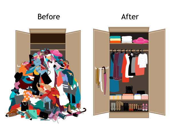 ilustrações de stock, clip art, desenhos animados e ícones de before untidy and after tidy wardrobe. messy clothes thrown on a shelf and nicely arranged clothes in piles and boxes. - pilha roupa velha