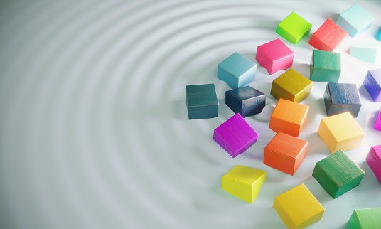 Abstract multicolored unique block shapes floating on wavy floor, symbolizing variation, decentralization concepts. ( 3d render )