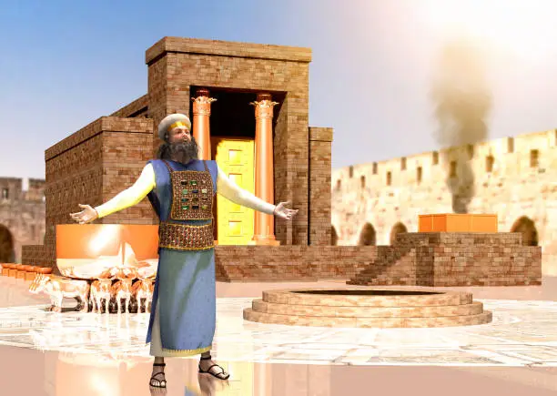 Biblical Jewish priest standing in front of King Solomon's holy temple in Jerusalem, Old Testament, the Temple of Solomon was the first holy temple of the ancient Israelites, 3d render