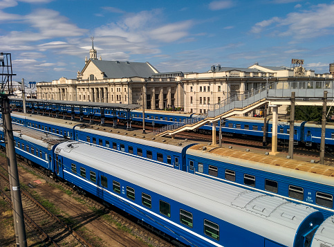 Trains lined up at platforms outside the central railway station in the city of Brest, Belarus.