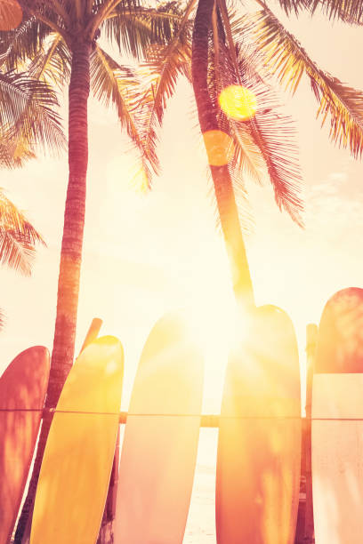 Surfboard on the beach; high key, sun beam.