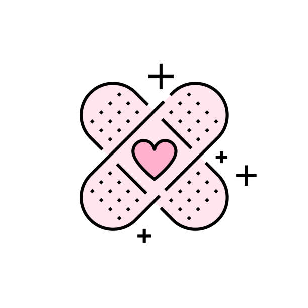 ilustraciones, imágenes clip art, dibujos animados e iconos de stock de icono de la línea del corazón de la ayuda de la banda - adhesive bandage bandage vector computer graphic