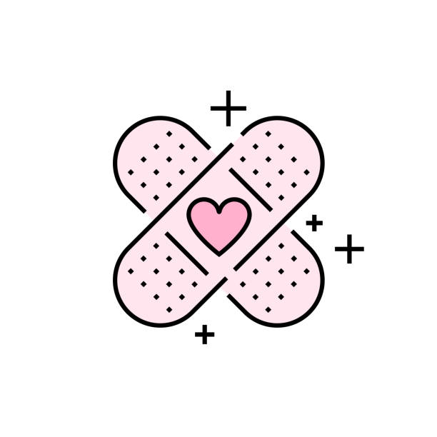 значок линии сердца помощи полосы - bandage heart shape pain love stock illustrations