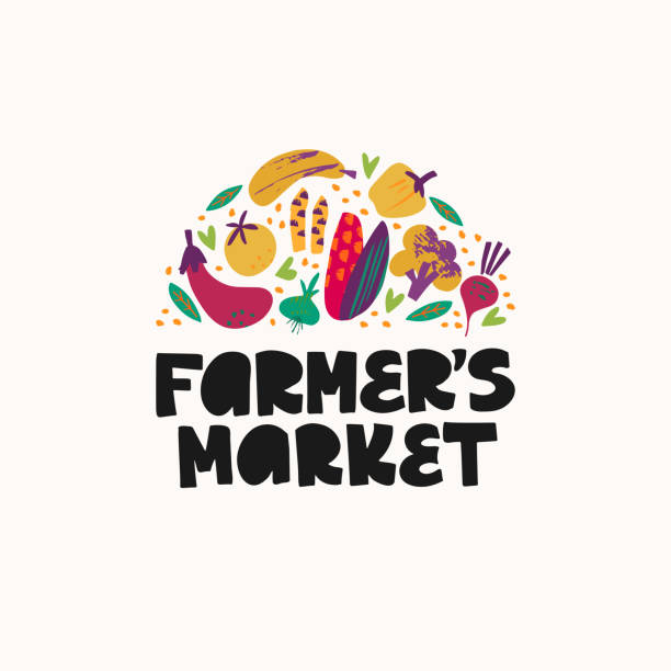 rolników rynek ręcznie rysowane napisy - organic farmers market market vegetable stock illustrations