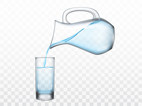 Pouring crystal clear freshwater from glass jug in highball drinking glass 3d realistic vector illustration isolated on transparent background. Refreshing, quenching thirst concept design element