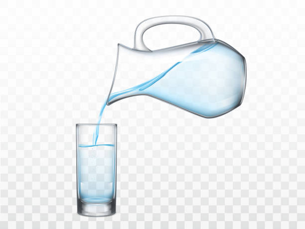 Pouring freshwater from jug in glass vector Pouring crystal clear freshwater from glass jug in highball drinking glass 3d realistic vector illustration isolated on transparent background. Refreshing, quenching thirst concept design element blue jug stock illustrations