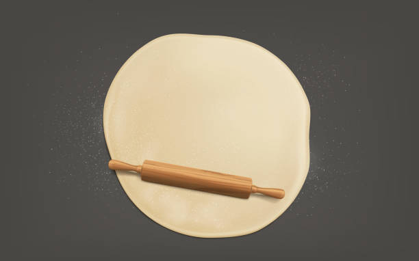 Flattening dough with rolling pin realistic vector Cooking sweet bakery or bread, preparing pizza on kitchen table, flattening, sprinkled with flour, dough by wooden rolling pin with handles top view, 3d realistic vector isolated on grey background rolling dough stock illustrations
