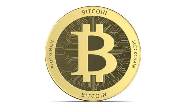 Face of the cryptocurrency golden bitcoin, 3d rendering isolated on white background. 3d illustration, concept of virtual international currency and business on the Internet.
