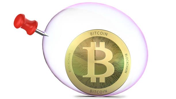istock Bitcoin in a soap bubble with push-pin, 3d rendering isolated on white background. Concept of investment risks in bit-coin or other cryptocurrencies 1170725820