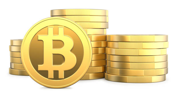 istock Golden Bitcoins and New Virtual money concept, 3d rendering isolated on white background. Stacks of many gold coins with icon letter B. 3d illustration of Mining or blockchain technology for cryptocurrency. 1170725821
