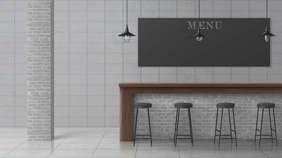 Bar, cafe, coffee shop or pub minimalistic, loft interior with stools standing in row near wooden counter desk, hanging vintage lamps, brick column, chalkboard menu, tilled wall and floor illustration