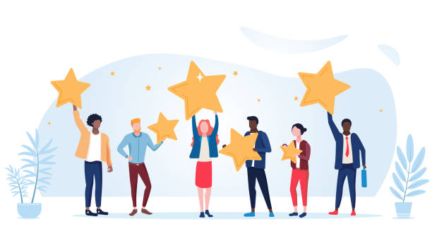 People are holding stars over the heads. Feedback consumer or customer review evaluation, satisfaction level and critic icon concept People are holding stars over the heads. Feedback consumer or customer review evaluation, satisfaction level and critic icon concept. Vector illustration service illustrations stock illustrations